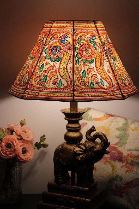 "Handcrafted Table Lamp with Intricate Peacock Design and Bronze Elephant Base - Perfect for Adding a Touch of Traditional Indian Elegance to Your Home Decor"